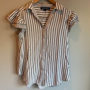 Elizabeth & Nicole Striped Brown and White Women's Top Size Medium Ruffle Sleeve